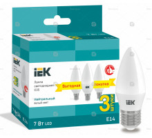 Лампа LED C35 свеча 7Вт 230В 4000К E14 (3шт/упак) IEK LLE-C35-07-230-40-E14-3